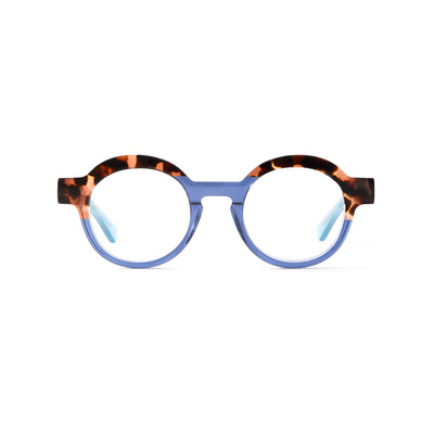 Photo of a pair of Charlotte Cyan & Light Tortoise Reading Glasses by FrenchKiwis